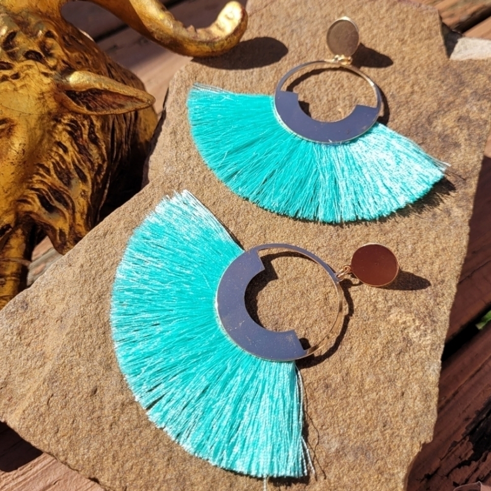 SILK TASSEL AZURE LARGE GOLD HOOP TASSEL EARRINGS